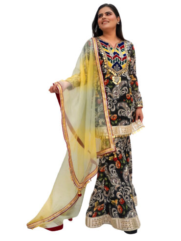 Midnight Elegance: Girls Black Sharara Suit Set